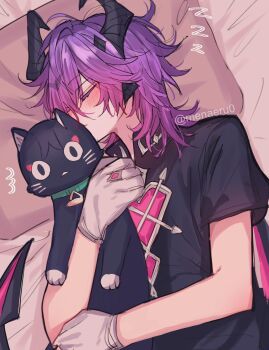 1boy 1other animal black_shirt cat closed_eyes collar commentary dragon_boy dragon_horns dragon_tail durin_(genshin_impact) english_commentary genshin_impact gloves highres holding holding_animal holding_cat horns lying menaeru0 pillow purple_hair scaramouche_(cat)_(genshin_impact) scaramouche_(genshin_impact) shirt short_sleeves sleeping surprised t-shirt tail watermark white_gloves zzz
