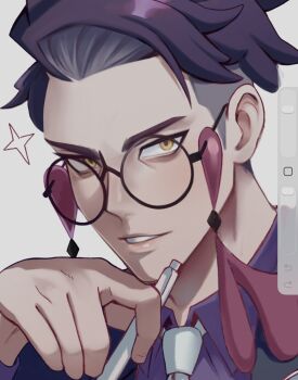 1boy art_program_in_frame collared_shirt commentary corbeau_(pokemon) english_commentary glasses highres holding holding_pen kookirani looking_at_viewer male_focus necktie nintendo pen pokemon pokemon_legends:_z-a portrait purple_hair purple_shirt round_eyewear shirt solo white_necktie yellow_eyes