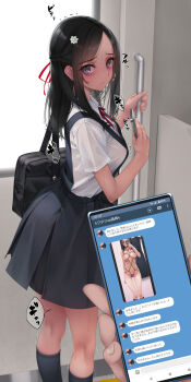 1boy 1girl bag bdsm black_eyes black_hair black_skirt blush bondage bound bound_torso breast_bondage breasts cellphone closed_mouth crotch_rope dildo flower full-face_blush hair_flower hair_ornament hair_ribbon highres holding holding_phone long_hair looking_at_viewer medium_breasts murakami_suigun navel nipples object_insertion original phone pov pov_hands public_indecency public_vibrator rabbit_vibrator ribbon rope school_bag school_uniform selfie sex_toy shibari shibari_under_clothes shirt short_sleeves skirt smartphone solo_focus sweat train train_interior translation_request vaginal vaginal_object_insertion vibrator white_shirt