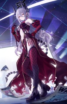 1girl absurdres ambiguous_red_liquid bacon_quiche bare_shoulders black_horns black_thighhighs block_heels breasts center_opening chain closed_mouth colored_extremities commentary cuffs dark_halo demon_girl demon_horns demon_tail detached_sleeves dress dutch_angle earrings fishnet_thighhighs fishnets frilled_sleeves frills from_below gold_trim gradient_thighhighs grey_hair hair_between_eyes halo hashtag-only_commentary heterochromia high_heels highres horns itsuki_(meridian_project) jewelry large_breasts legs long_hair long_hair_between_eyes looking_at_viewer meridian_project navel night outdoors pelvic_curtain pointy_ears poster_(object) red_dress red_eyes red_thighhighs screen shackles single_earring smile solo spotlight stage stage_lights standing star_(symbol) tail thighhighs thighs torn_clothes very_long_hair vial virtual_youtuber wanted_poster yellow_eyes