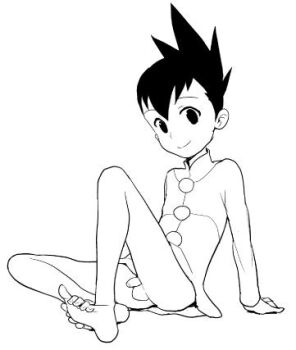 1boy bare_legs barefoot bottomless capcom feet geo_stelar_(mega_man) greyscale heriyama hoshikawa_subaru legs lowres male_focus mega_man_(series) mega_man_star_force mega_man_star_force_(series) monochrome shota simple_background sitting soles solo toes white_background