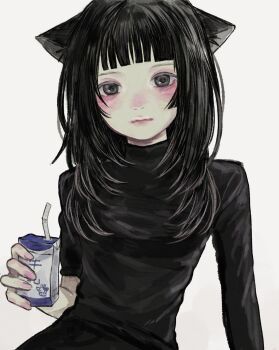 1girl animal_ears black_eyes black_hair black_sleeves cat_ears drink_carton drinking_straw gokuraku_fish highres holding holding_milk_carton long_hair long_sleeves looking_at_viewer milk_carton original simple_background white_background