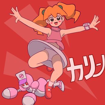 2girls blush dress green_eyes hat heart heart_print jumping junmai_karin loli long_hair looking_at_viewer medarot multiple_girls nurse nurse_cap open_mouth orange_hair panties pink_dress pink_shirt pink_shoes print_shoes red_background red_eyes red_shoes robot rommi saint_nurse shirt shoes skirt sleeveless sleeveless_shirt smile socks twintails underwear watch white_hat white_panties white_skirt white_socks wind wind_lift wristwatch