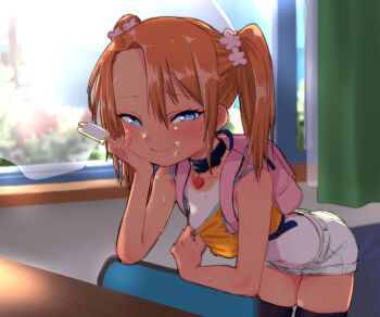1girl backpack bag bare_arms bare_shoulders bent_over black_thighhighs camisole camisole_pull chair clothes_pull collarbone denim denim_shorts ebisujima_misato female_focus flower food food_on_face hair_flower hair_ornament heart highres ice_cream indoors loli looking_at_viewer one-piece_tan original popsicle pulling_own_clothes randoseru shirt_pull short_shorts shorts skindentation smile solo sweat tan tanline thighhighs thighs yuma_(ebisujima_misato)