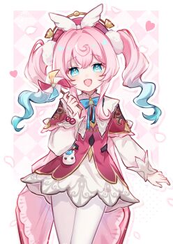 Rule 34 | 1girl, :d, blue bow, blue bowtie, blue eyes, blue hair, border, bow, bowtie, checkered background, commentary, cowboy shot, dress, gradient hair, hair intakes, hashtag-only commentary, hat, highres, holding, holding pinwheel, honkai: star rail, honkai (series), hyacine (honkai: star rail), long hair, long sleeves, looking at viewer, multicolored hair, open mouth, outline, outside border, pantyhose, pink background, pink hair, pinwheel, red dress, red hat, smile, solo, twintails, two-tone hair, white border, white outline, white pantyhose, yukomeow