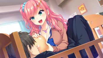 Rule 34 | 1girl, asahina chocolat, babumi! atashi ga uminaoshite yan yo!, blush, breast padding, breast sucking, breasts, cleavage, cradle, eyebrows hidden by hair, game cg, green eyes, indoors, infantilism, large breasts, long hair, looking at another, lying, mameojitan, open mouth, original, pink hair, school uniform, side ponytail, window