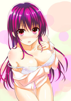 1girl arm_under_breasts bare_shoulders blush bra breasts cleavage highres large_breasts long_sleeves looking_at_viewer off_shoulder open_mouth original panties pink_hair pink_panties pink_shirt red_eyes shirt solo ueno_meguru underwear white_bra
