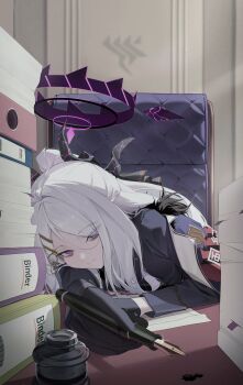 1girl absurdres black_eyes black_halo black_horns blue_archive closed_mouth eyes_visible_through_hair hair_ornament hairclip halo highres hina_(blue_archive) holding holding_pen horns ink long_sleeves looking_at_viewer military_uniform pen purple_eyes samgong white_hair
