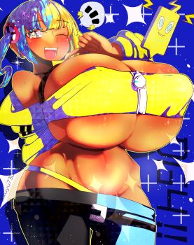 1girl blonde_hair blue_background blue_eyes blue_hair blush breasts canari_(pokemon) choker cleavage covered_erect_nipples dark-skinned_female dark_skin female_focus gen_4_pokemon huge_breasts kuyu730 looking_at_viewer lowleg lowleg_pants nintendo one_eye_closed open_mouth original pants phone pokemon pokemon_legends:_z-a rotom rotom_phone shiny_skin smile solo sparkle twintails underboob whale_tail_(clothing) wide_hips wink