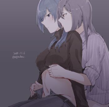 Rule 34 | 2girls, black hair, black sweater, blue eyes, blue hair, blue pants, blush, breasts, closed mouth, clothes lift, collared shirt, commentary request, dated, grey background, jouhou, large breasts, long hair, long sleeves, looking at another, medium hair, multiple girls, navel, origami yukari, pants, purple shirt, red eyes, shirt, simple background, sitting, souraku yuzuki, stomach, sweater, toji no miko, turtleneck, turtleneck sweater, twitter username, undressing another, yuri