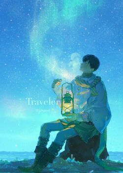 1boy black_hair blue_eyes boots breath floating haikyuu!! highres jacket kageyama_tobio kerosene_lamp levitation lingcod_dayu looking_up male_focus scarf sitting sky star_(sky) starry_sky turtleneck white_jacket