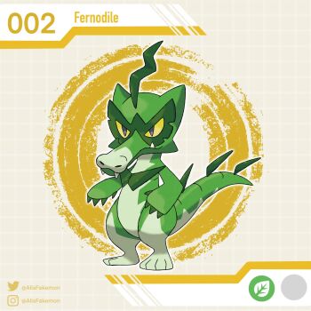 alisfakemon artist_name character_name colored_sclera colored_skin crocodilian fakemon full_body green_skin highres instagram_logo instagram_username nintendo no_humans original pokemon pokemon_(creature) solo standing tail twitter_logo twitter_username yellow_sclera
