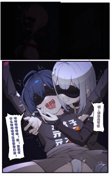 armpits belle_(zenless_zone_zero) chinese_text eye_mask forced_orgasm highres juzi_(orange8619) laughing mask orgasm restrained speech_bubble tickling tickling_armpits translation_request zenless_zone_zero