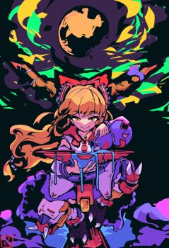 Rule 34 | 1girl, bananachiken, bow, closed mouth, commentary request, detached sleeves, gourd, hair bow, highres, holding, holding gourd, horn ornament, horn ribbon, horns, ibuki suika, knee guards, long hair, looking at viewer, moon, oni, orange hair, pouring, purple ribbon, red bow, ribbon, shirt, sleeveless, smile, solo, touhou, yellow eyes