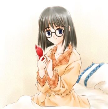 Rule 34 | 1girl, asiaaqua, bad id, bed sheet, black hair, blanket, blue eyes, brown pajamas, cellphone, closed mouth, cowboy shot, flip phone, glasses, gradient background, holding, holding phone, kurihara touko, looking at phone, medium hair, on bed, pajamas, phone, pillow, sitting, smile, solo, tenshi no inai 12-gatsu