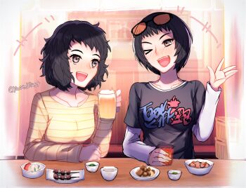 2girls artist_name beer_mug black_hair black_shirt blush bob_cut brown_eyes collarbone commentary_request cup drunk eyewear_on_head indoors kawakami_sadayo looking_at_another mug multiple_girls ohya_ichiko one_eye_closed open_mouth persona persona_5 shirt short_hair smile talking twitter_username yaoto yellow_shirt