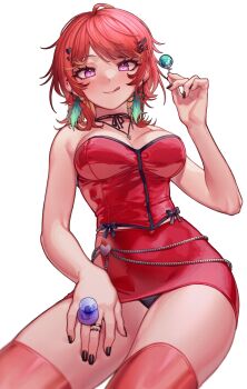 1girl absurdres bare_shoulders black_nails black_panties bsapricot candy choker cross cross_necklace earrings feather_earrings feathers food hair_ornament highres holding holding_candy holding_food holding_lollipop hololive hololive_english jewelry licking_lips lollipop looking_at_viewer miniskirt necklace official_alternate_costume orange_hair panties purple_eyes ribbon_choker ring simple_background skirt smile solo takanashi_kiara tasty_(takanashi_kiara) tongue tongue_out underwear virtual_youtuber white_background x_hair_ornament