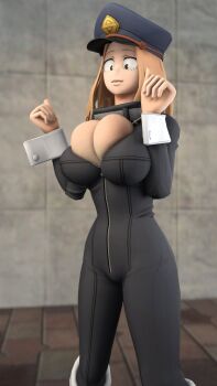 1girl 3d black_bodysuit bodysuit boku_no_hero_academia breasts breasts_squeezed_together brown_eyes brown_hair bursting_breasts cleavage curvy dentol hat highres large_breasts medium_hair smile solo thighs utsushimi_kemii wrist_cuffs zipper