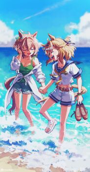 2girls agnes_tachyon_(umamusume) animal_ears beach blue_sailor_collar blue_sky blush breasts brown_hair cleavage closed_eyes coat commentary_request dated_commentary day denim denim_shorts foot_up green_tank_top hair_between_eyes happy highres holding holding_hands holding_unworn_clothes horse_ears horse_girl horse_tail jungle_pocket_(umamusume) long_bangs long_sleeves mazu1kan medium_hair multiple_girls neckerchief ocean off_shoulder open_mouth outdoors sailor_collar sailor_shirt sandals shirt shoes short_sleeves shorts sideways_mouth sky smile tail tank_top torn_clothes torn_shirt umamusume unworn_shoes wading white_coat white_sandals white_shirt yellow_neckerchief