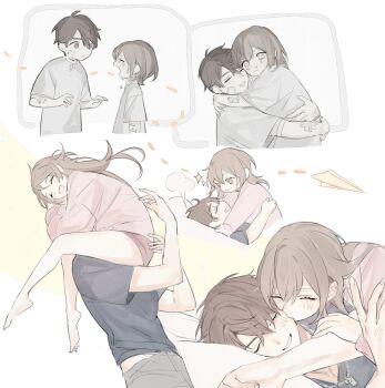 1boy 1girl age_progression bandaid bandaid_on_arm bandaid_on_cheek bandaid_on_face barefoot brown_hair caleb_(love_and_deepspace) child closed_eyes couple crying grey_pants grey_shirt hair_between_eyes haru57 hetero highres hug kiss kissing_cheek long_hair love_and_deepspace midriff_peek open_mouth pants paper_airplane parted_lips pink_sweater shirt short_hair smile sparkle sweater white_shirt