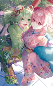 Rule 34 | 2girls, absurdres, alternate costume, batory ken, blush, breasts, commentary, dutch angle, eye contact, floral print, floral print kimono, flower, from above, green eyes, green hair, green kimono, hair bun, hair flower, hair ornament, hairband, hata no kokoro, heart, highres, japanese clothes, kanzashi, kimono, komeiji koishi, lace, lace-trimmed kimono, lace trim, light particles, long hair, long sleeves, looking at another, lower teeth only, multiple girls, obi, obijime, okobo, open mouth, outdoors, parted lips, pink eyes, pink hair, pink kimono, platform sandals, print kimono, red flower, sandals, sash, sidelocks, single hair bun, smile, socks, standing, teeth, third eye, torii, touhou, white flower, white socks, wide sleeves, yukata