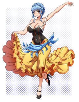 Rule 34 | 1girl, alternate costume, blue hair, breasts, brown eyes, commission, dress, fire emblem, fire emblem: three houses, high heels, highres, holding own dress, large breasts, marianne von edmund, nintendo, smile, solo, zuchysdraws