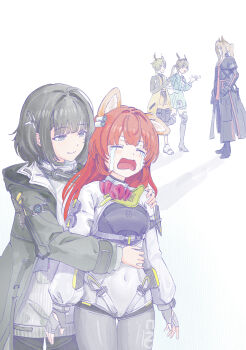 Rule 34 | 2boys, 3girls, absurdres, akekuri (arknights), animal ears, arknights, arknights: endfield, black coat, black eyes, black hair, blonde hair, bodysuit, brown hair, chen qianyu (arknights), chinese commentary, closed eyes, coat, commentary request, covered navel, crying, dog ears, endministrator (arknights), female endministrator (arknights), fingerless gloves, gloves, grey bodysuit, hair intakes, hair ornament, hellagur (arknights), highres, horns, hug, jacket, lifeng (arknights), long hair, long sleeves, multiple boys, multiple girls, open clothes, open mouth, pogranichnik (arknights), ponytail, red hair, short hair, smile, tears, white background, zhipian eli