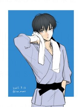Rule 34 | 1boy, artist name, belt, black belt, black hair, blue background, braid, coa (momo), commentary request, dated, dougi, highres, male focus, pale skin, parted lips, ranma 1/2, saotome ranma, single braid, solo, towel, towel around neck, upper body