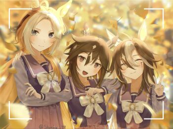 3girls absurdres ahoge animal_ears autumn_leaves black_hair blue_eyes blush bow bowtie brown_eyes brown_hair closed_eyes closed_mouth collarbone dream_journey_(umamusume) ear_covers ear_ornament eyewear_strap glasses hair_between_eyes hair_intakes highres horse_ears horse_girl leaf long_hair long_sleeves looking_at_viewer multicolored_hair multiple_girls open_mouth orange_hair orfevre_(umamusume) outdoors ponytail purple_eyes purple_sailor_collar purple_serafuku purple_shirt purple_skirt sailor_collar sailor_shirt school_uniform serafuku shirt shunka_shuto single_ear_cover single_hair_intake skirt smile stay_gold_(umamusume) streaked_hair tracen_school_uniform two-tone_hair umamusume upper_body v viewfinder white_bow white_bowtie white_hair