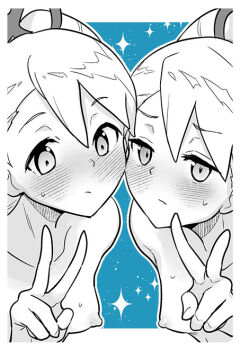 blue_background blush bow breasts commentary_request hair_bow heriyama long_hair looking_at_viewer luna_platz_(mega_man) mega_man_(series) mega_man_star_force_(series) nipples nude sparkle sweat v