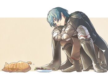 Rule 34 | 1boy, animal, armor, black armor, black boots, black cape, blue eyes, blue hair, boots, cape, cat, closed mouth, commentary request, fire emblem, fire emblem: three houses, food, head tilt, looking at another, male byleth (fire emblem), male focus, nintendo, orange cat, short hair, un faro