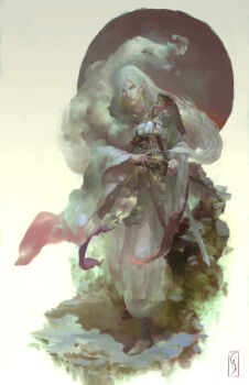 1boy christian_angel facial_mark fingernails forehead_mark grey_background highres holding holding_sword holding_weapon inuyasha long_fingernails long_hair multiple_swords pointy_ears sesshoumaru solo sword weapon white_hair yellow_eyes