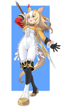 1girl animal_ears asymmetrical_gloves black_gloves blonde_hair blue_background blue_eyes bodysuit commentary_request durandal_(umamusume) ear_covers epaulettes fourragere frilled_bodysuit full_body gloves hair_between_eyes highres horse_ears horse_girl horse_tail katahira_masashi long_hair looking_at_viewer looking_up mismatched_boots mismatched_gloves multicolored_hair single_ear_cover smile solo sword tail two-tone_hair umamusume weapon white_bodysuit white_gloves white_hair