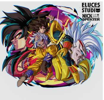 2boys artist_name baby_(dragon_ball) baby_vegeta black_hair blue_eyes body_fur dragon_ball dragon_ball_gt highres long_hair male_focus monkey_boy monkey_tail multiple_boys muscular muscular_male nickelespektro open_mouth pants parasite pectorals red_fur saiyan smile son_goku spiked_hair super_saiyan super_saiyan_4 tail teeth veiny_face yellow_pants