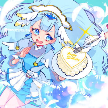 Rule 34 | 1girl, balloon, big hair, birthday, birthday cake, blue dress, blue eyes, blue hair, blue theme, cake, clothing cutout, commentary, cure ange, dress, earrings, english commentary, english text, feathers, food, fork, frilled cuffs, frown, gloves, hair ornament, happy birthday, heart, heart-shaped cake, heart-shaped food, heart balloon, holding, holding fork, holding plate, hugtto! precure, jewelry, long hair, long sleeves, looking at viewer, magical girl, open mouth, out of frame, pact holder, plate, precure, see-through clothes, see-through sleeves, short dress, shoulder cutout, sitting, ton (ton39342104), very long hair, white feathers, white gloves, wing hair ornament