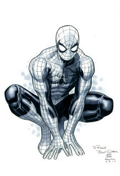 1boy 2010 bodysuit commentary covered_abs english_commentary english_text greyscale jim_cheung male_focus marvel monochrome muscular muscular_male sketch solo spider-man spider-man_(series) spider_web_print squatting superhero_costume third-party_source western_comics_(style) white_background