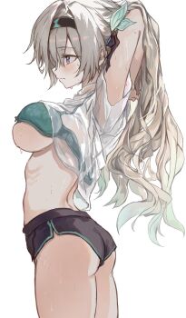 Rule 34 | arms up, ass, blue eyes, bra, braid, breasts, closed mouth, commentary, cowboy shot, firefly (honkai: star rail), flower, green bra, grey hair, hair flower, hair ornament, hair spread out, hair tie, hairband, half up braid, hands in own hair, hands up, highres, honkai: star rail, honkai (series), leaf hair ornament, long hair, looking to the side, medium breasts, partially undressed, purple eyes, ribs, saya (mychristian2), see-through clothes, see-through shirt, shirt, short shorts, shorts, simple background, standing, sweat, underboob, underwear, undressing, wet, wet clothes, wet shirt, white background, white hair, white shirt