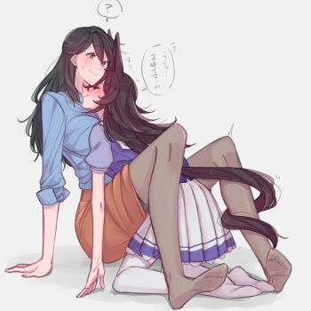 2girls ? ^^^ animal_ears arm_support black_pantyhose blue_shirt blush closed_eyes commentary_request female_trainer_(umamusume) flying_sweatdrops from_side grey_background highres hollomaru horse_ears horse_girl horse_tail kneeling multiple_girls no_shoes orange_skirt pantyhose pencil_skirt pleated_skirt profile puffy_short_sleeves puffy_sleeves rice_shower_(umamusume) school_uniform serafuku shirt short_sleeves simple_background sitting skirt sleeves_pushed_up small_sweatdrop speech_bubble spoken_blush spoken_flying_sweatdrops spoken_question_mark tail tail_around_another&#039;s_leg tail_wrap thighhighs tracen_school_uniform trainer_(umamusume) umamusume wavy_mouth white_thighhighs yuri