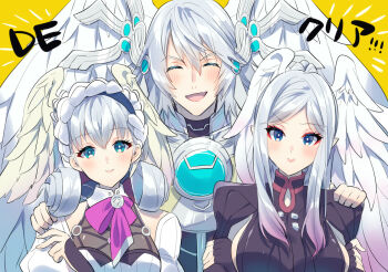 1boy 2girls :d black_jacket blue_eyes brother_and_sister closed_eyes closed_mouth coat dress hand_on_another&#039;s_shoulder head_wings himeno345 jacket kallian_antiqua long_hair long_sleeves looking_at_viewer melia_antiqua multiple_girls open_mouth pointy_ears siblings sisters smile tyrea_(xenoblade) upper_body white_coat white_dress white_hair white_wings wings xenoblade_chronicles_(series) xenoblade_chronicles_1 yellow_background