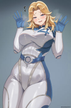 1girl absurdres animification belt blonde_hair blue_bodysuit blue_eyes blush bodysuit breasts breath commentary english_commentary fantastic_four flying_sweatdrops grey_background groin hair_intakes hands_up highres large_breasts marvel marvel_rivals multicolored_bodysuit nannachu7 open_hands simple_background skin_tight solo sue_storm sweat teeth upper_teeth_only white_bodysuit