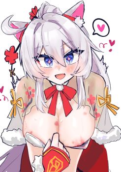2girls ahoge animal_ears bad_id bad_twitter_id breasts cat_ears cleavage clothes_pull dress dress_pull female_pov heart highres honkai_(series) honkai_impact_3rd kiana_kaslana large_breasts long_hair looking_at_viewer mi_(27782900) multiple_girls nipples pov pov_hands raiden_mei red_dress smile spoken_heart star-shaped_pupils star_(symbol) symbol-shaped_pupils very_long_hair white_dress white_hair yuri