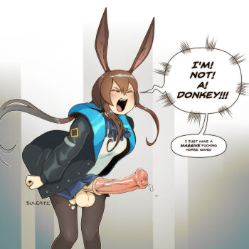 1futa amiya_(arknights) animal_ears animal_penis arknights artist_name black_jacket black_pantyhose blush breasts brown_hair closed_eyes english_text erection fang futanari hair_between_eyes highres hood hooded_jacket horse_penis huge_penis jacket long_hair long_sleeves medium_breasts miniskirt multicolored_jacket open_clothes open_jacket open_mouth pantyhose penis pleated_skirt ponytail precum profanity rabbit_ears shirt skirt solo speech_bubble standing sulcate teeth testicles torn_clothes torn_pantyhose two-tone_jacket uncensored upper_teeth_only white_shirt