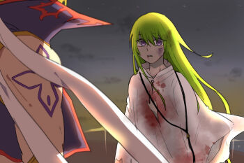 Rule 34 | 2boys, babylonia (fate/grand order), blood, blood from mouth, blood on clothes, blue vest, dirty, dirty face, enkidu (fate), fate/grand order, fate (series), gilgamesh, gilgamesh (caster) (fate), gilgamesh (fate), green hair, kingu (fate), long hair, male focus, multiple boys, mutsuki (mutuki05), purple eyes, robe, shoulder tattoo, tattoo, torn clothes, very long hair, vest, white robe