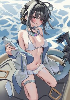 1girl absurdres arknights bikini bird black_eyes black_hair blush bottle breasts crow frilled_bikini frills goggles goggles_around_neck highres holding holding_bottle jacket la_pluma_(arknights) la_pluma_(summer_flowers)_(arknights) m-chai medium_breasts navel official_alternate_costume open_clothes open_jacket short_hair smile solo swim_goggles swimsuit water water_bottle white_bikini white_jacket