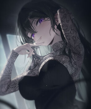Rule 34 | 1girl, absurdres, alternate costume, arm up, armpits, black dress, black hair, breasts, commentary, dress, finger to mouth, highres, lace shirt, large breasts, light particles, long hair, looking at viewer, parted lips, presenting armpit, purple eyes, solo, sousou no frieren, sushispin, ubel (sousou no frieren), upper body