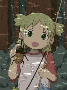 1girl absurdres beetle bug child commentary green_eyes green_hair highres holding insect koiwai_yotsuba looking_at_viewer open_mouth parisetya quad_tails raglan_sleeves red_sleeves shirt smile solo white_shirt yotsubato!