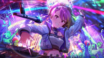 blonde_hair bracelet disco_ball english_text faceless game_cg grin hairband idolmaster idolmaster_million_live! idolmaster_million_live!_theater_days jacket jewelry maihama_ayumu multicolored_hair navel necklace official_art open_mouth ponytail purple_eyes purple_hair smile star_(symbol)