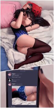 1girl absurdres animal ass bed bed_sheet bedroom black_hair black_nails black_shirt cellphone closed_mouth dagger_(fiz-rot) dated discord_(app) fang fingernails fiz-rot hair_tie highres holding holding_phone indoors loli long_hair looking_at_phone lying nail_polish no_shoes on_bed on_side original panties pantyshot phone pillow red_eyes selfie shirt short_sleeves skirt smartphone smile solo stuffed_animal stuffed_toy teddy_bear text_messaging thighhighs thong toy underwear