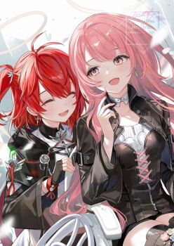 2girls adoptive_siblings antenna_hair arknights black_gloves black_jacket closed_eyes earrings exusiai_(arknights) exusiai_the_new_covenant_(arknights) fingerless_gloves gloves halo hand_up highres jacket jewelry lemuen_(arknights) long_hair long_sleeves looking_at_another multiple_girls nima_(niru54) one_side_up open_clothes open_jacket open_mouth pink_eyes pink_hair red_hair short_hair sitting wheelchair
