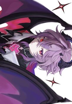 1boy 7777777_siro closed_mouth crossed_bangs dragon_boy dragon_horns dragon_wings genshin_impact hair_between_eyes hashtag-only_commentary highres horns looking_at_viewer male_focus mini_durin_(genshin_impact) mini_durin_(human)_(genshin_impact) purple_hair red_eyes sideways simple_background solo upper_body white_background wings